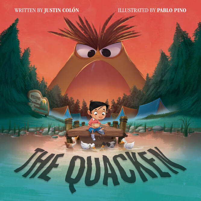 Cover of the picture book The Quackens, a little boy is sitting near the water with a giant duck behind him